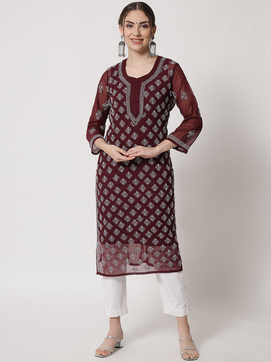 Hand Embroidered Chikankari Georgette Straight Kurta With Matching Slip- PC3484