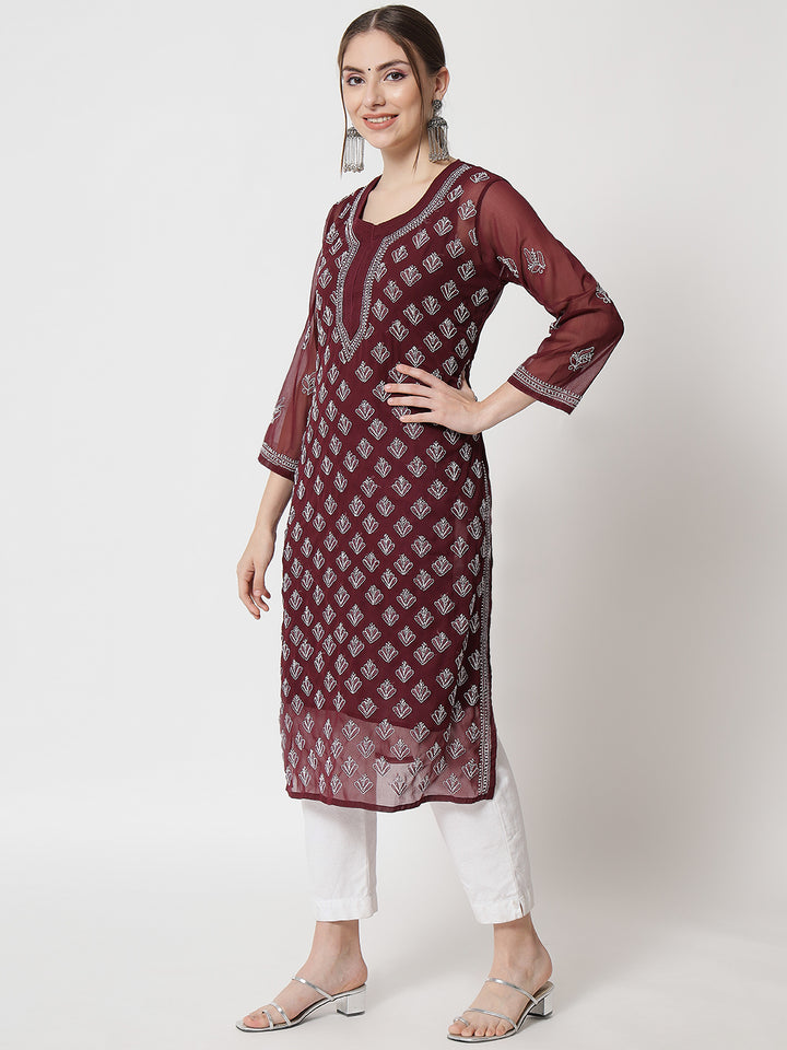 Hand Embroidered Chikankari Georgette Straight Kurta With Matching Slip- PC3484