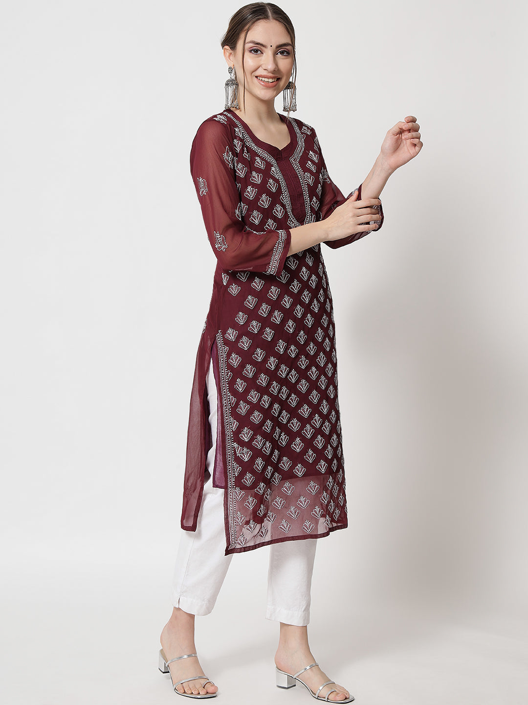 Hand Embroidered Chikankari Georgette Straight Kurta With Matching Slip- PC3484