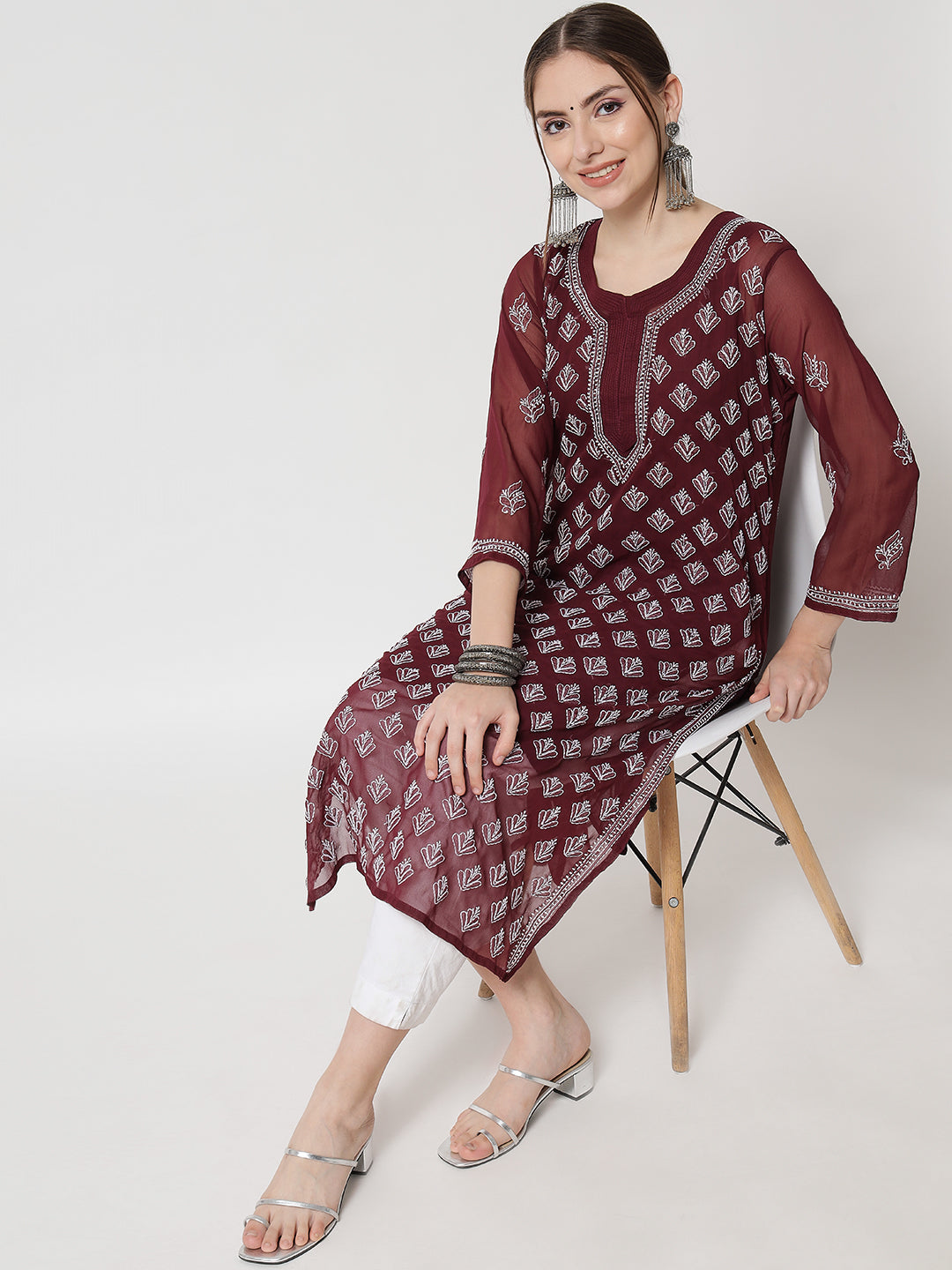 Hand Embroidered Chikankari Georgette Straight Kurta With Matching Slip- PC3484