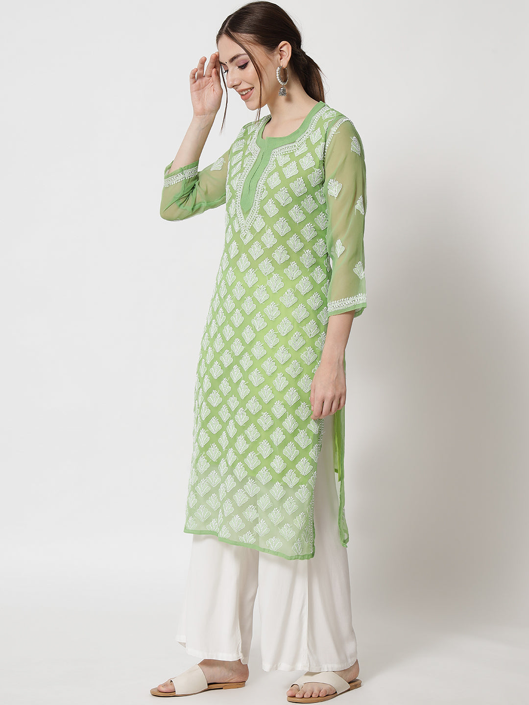 Hand Embroidered Chikankari Georgette Straight Kurta With Matching Slip- PC3484