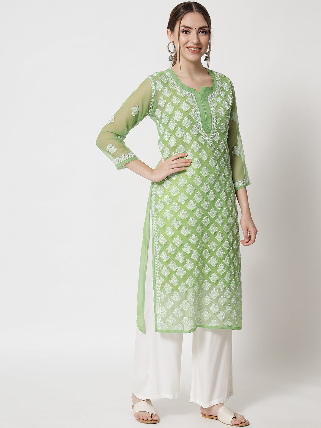 Hand Embroidered Chikankari Georgette Straight Kurta With Matching Slip- PC3484