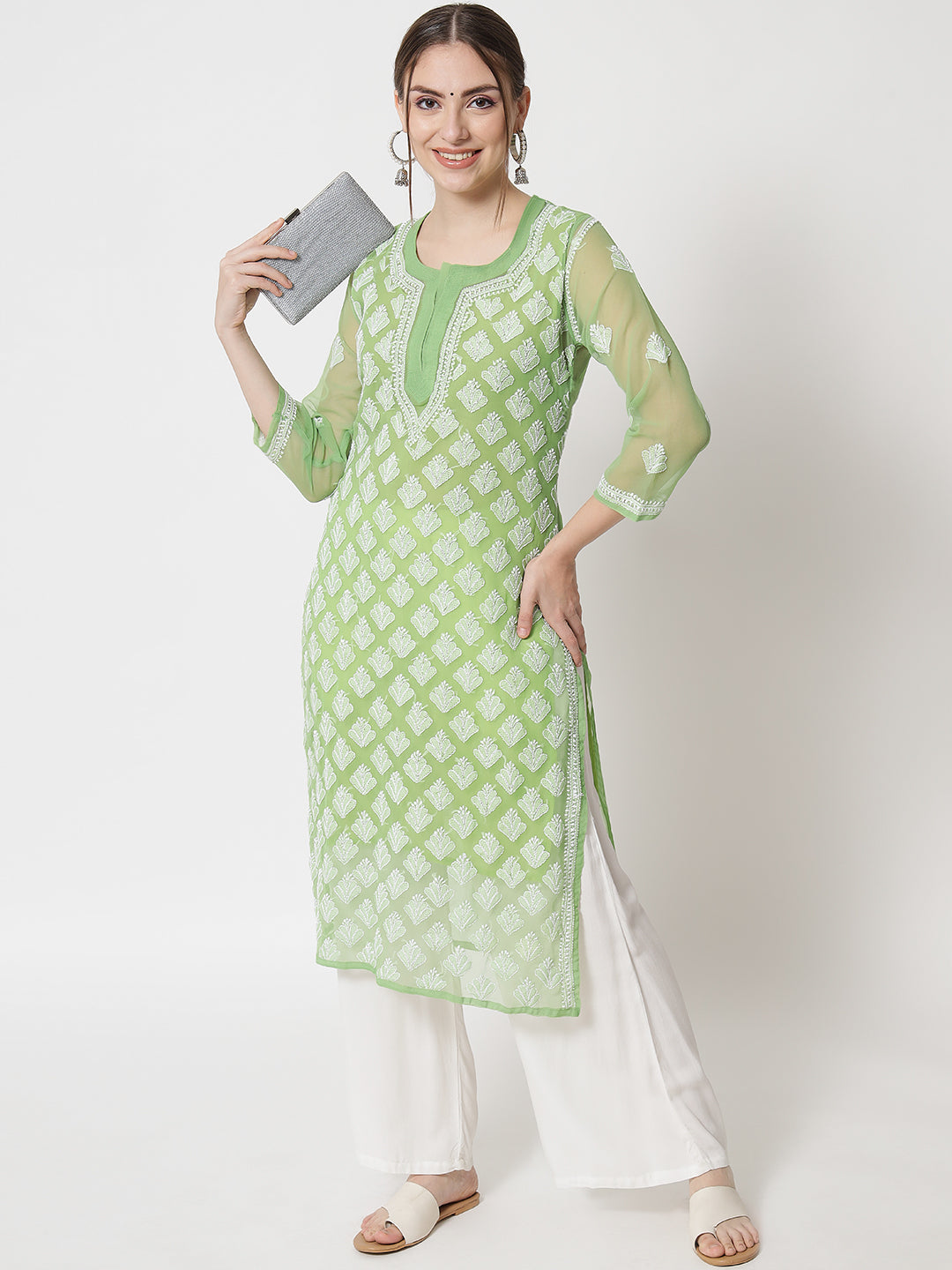 Hand Embroidered Chikankari Georgette Straight Kurta With Matching Slip- PC3484