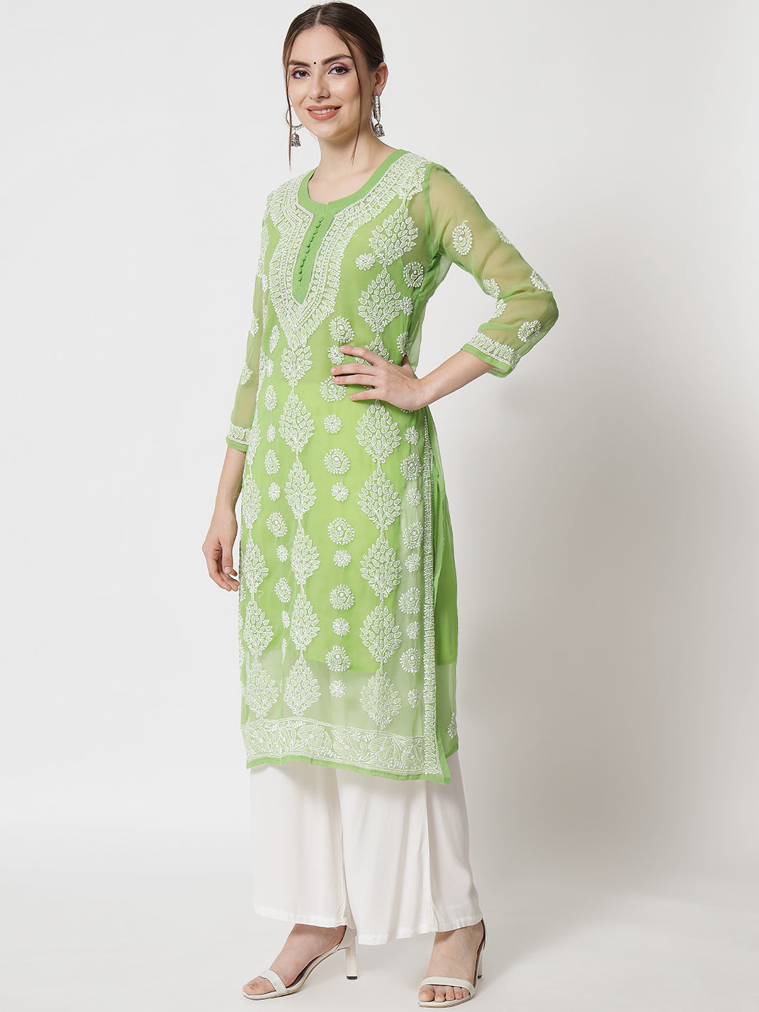 women Hand Embroidered Chikankari Georgette Straight Kurta With Matching Slip- PC3533