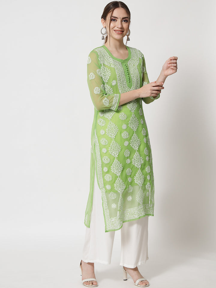 women Hand Embroidered Chikankari Georgette Straight Kurta With Matching Slip- PC3533