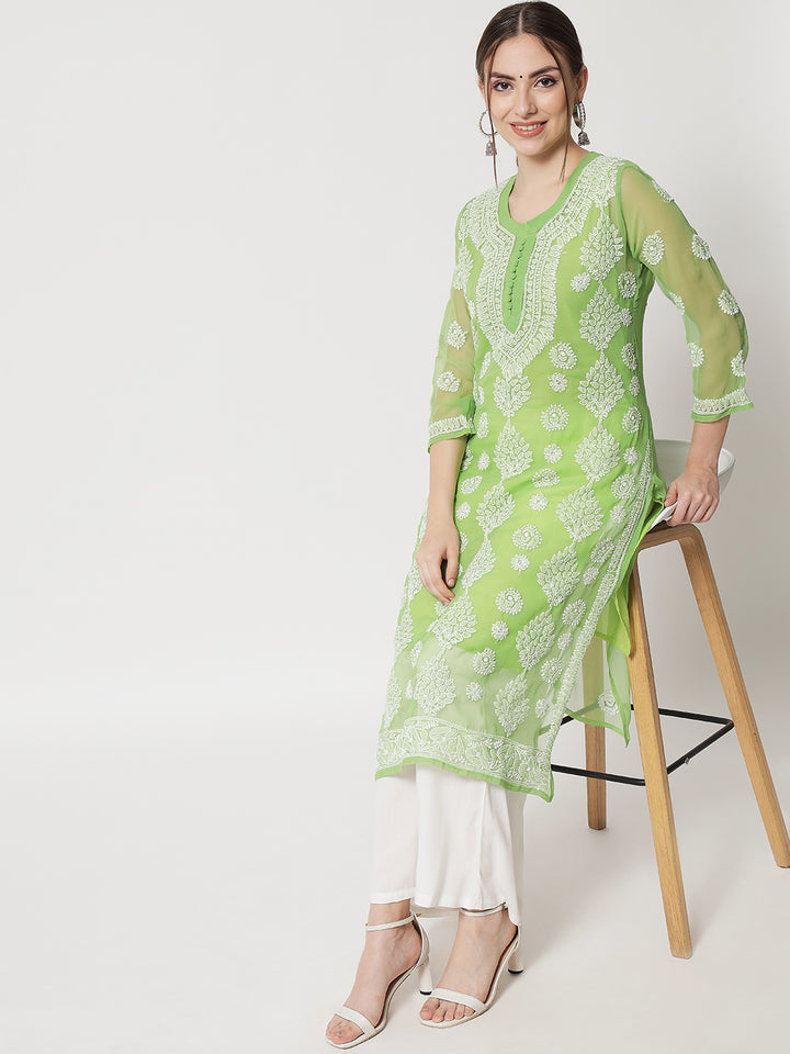 women Hand Embroidered Chikankari Georgette Straight Kurta With Matching Slip- PC3533