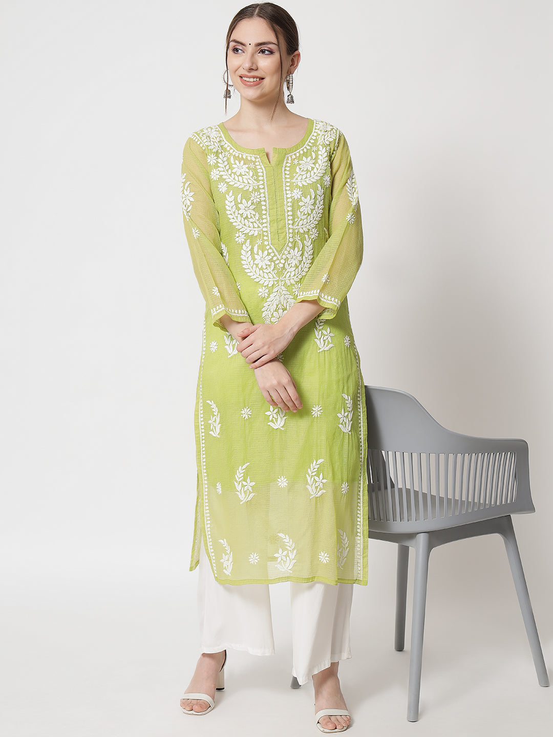 Hand Embroidered Chikankari Kota Cotton Straight Kurta with matching Slip- PC3537