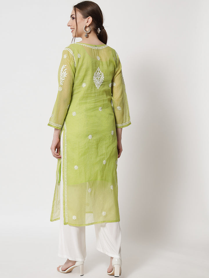 Hand Embroidered Chikankari Kota Cotton Straight Kurta with matching Slip- PC3537