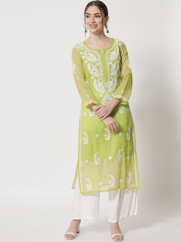 Hand Embroidered Chikankari Kota Cotton Straight Kurta with matching Slip- PC3537