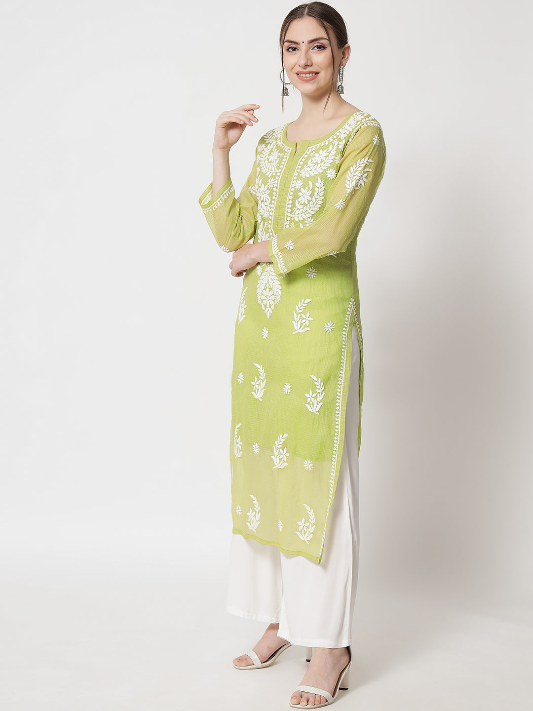 Hand Embroidered Chikankari Kota Cotton Straight Kurta with matching Slip- PC3537