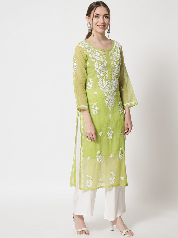 Hand Embroidered Chikankari Kota Cotton Straight Kurta with matching Slip- PC3537