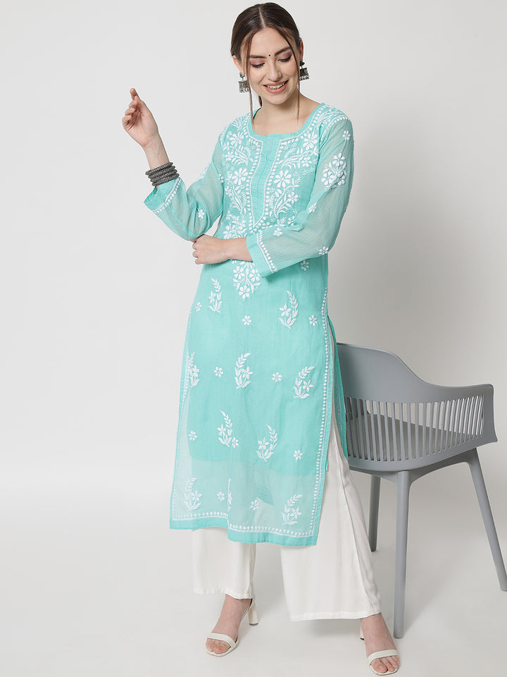 Hand Embroidered Chikankari Kota Cotton Straight Kurta with matching Slip- PC3537