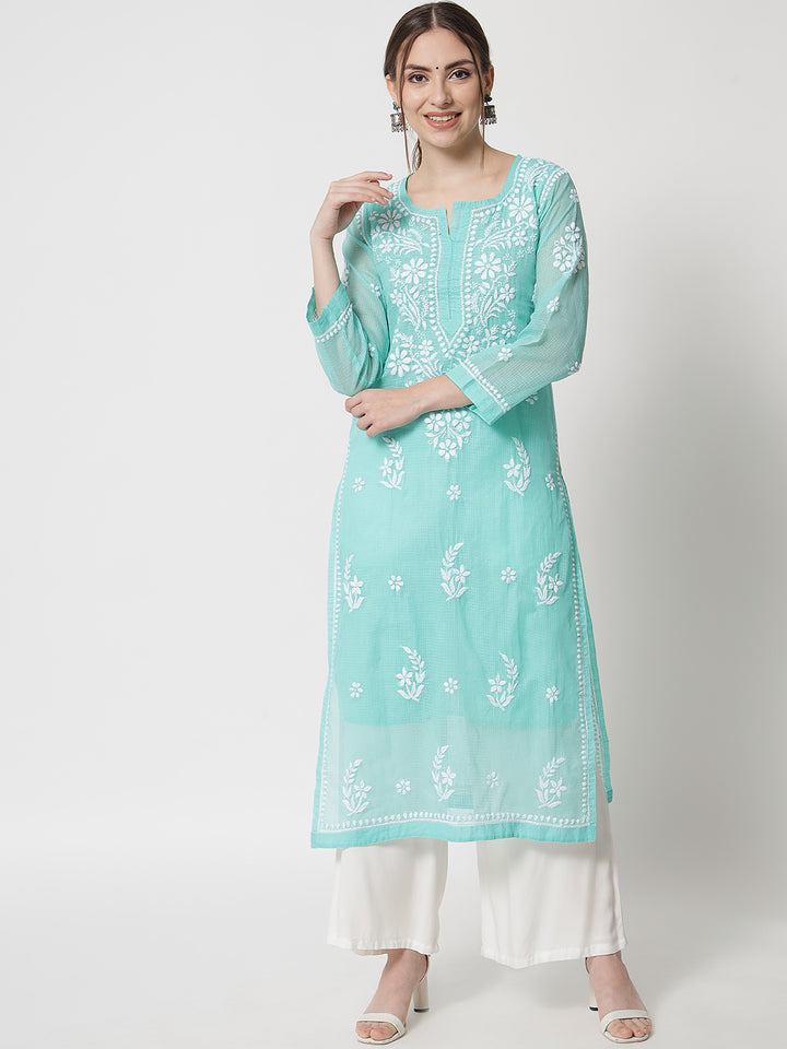 Hand Embroidered Chikankari Kota Cotton Straight Kurta with matching Slip- PC3537