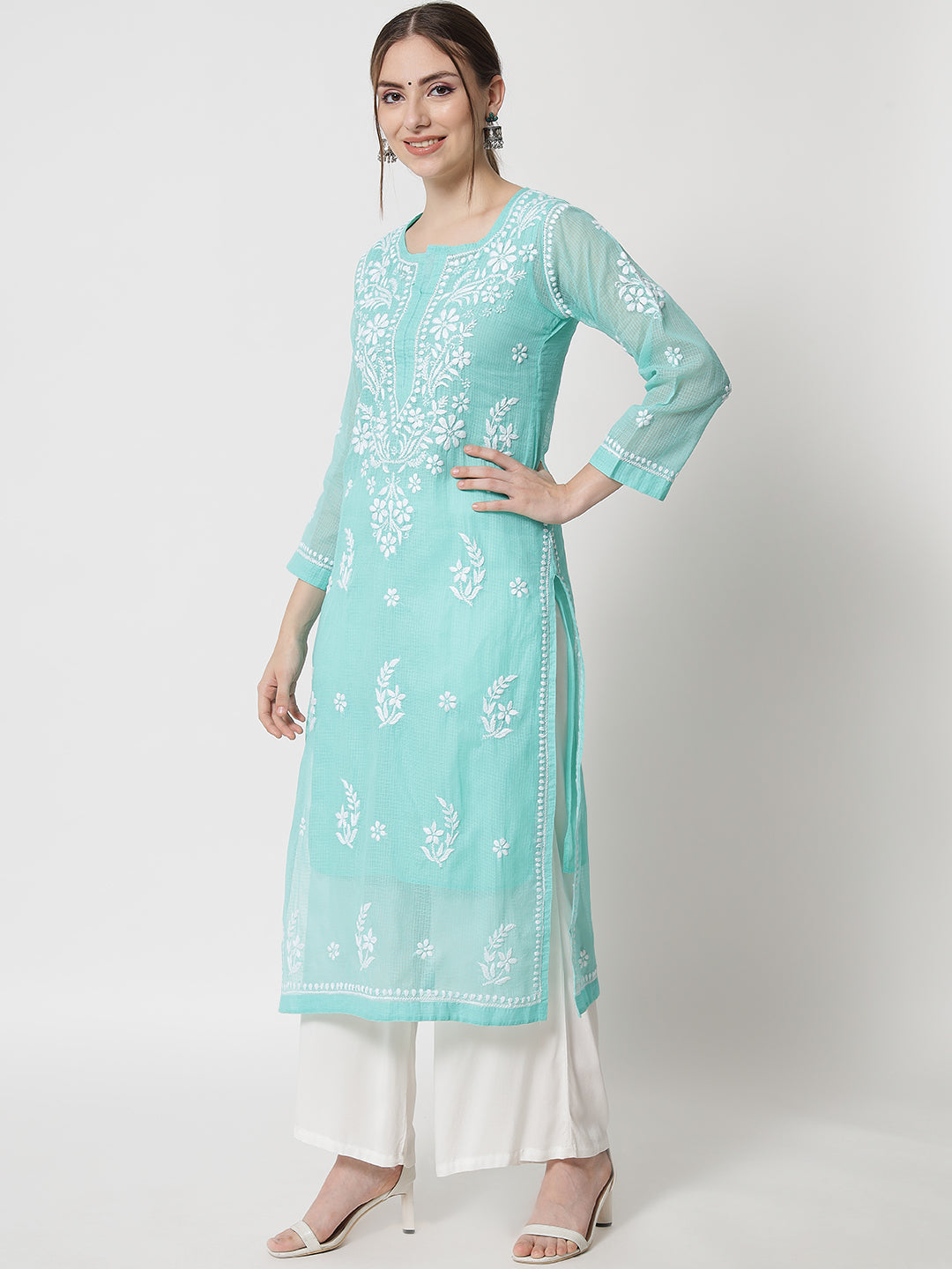 Hand Embroidered Chikankari Kota Cotton Straight Kurta with matching Slip- PC3537