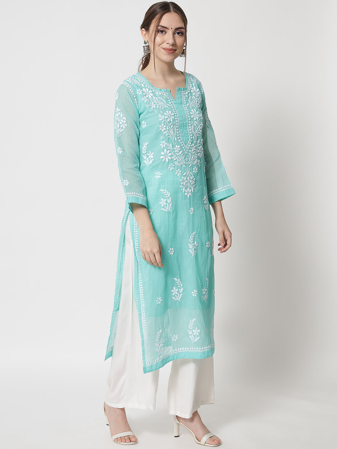 Hand Embroidered Chikankari Kota Cotton Straight Kurta with matching Slip- PC3537