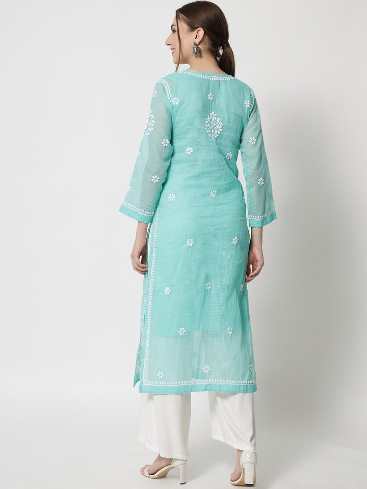 Hand Embroidered Chikankari Kota Cotton Straight Kurta with matching Slip- PC3537