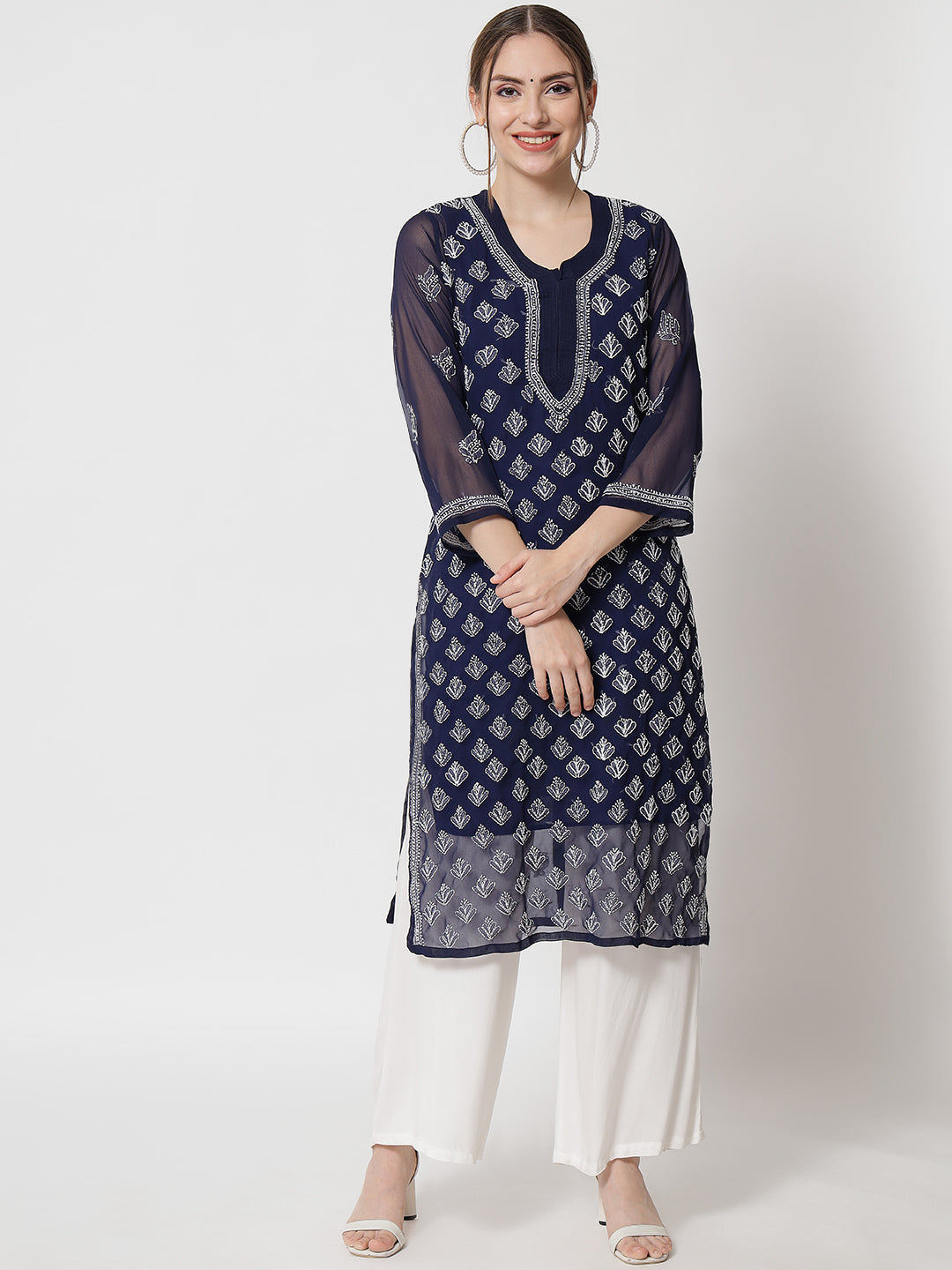 Hand Embroidered Chikankari Georgette Straight Kurta With Matching Slip- PC3484