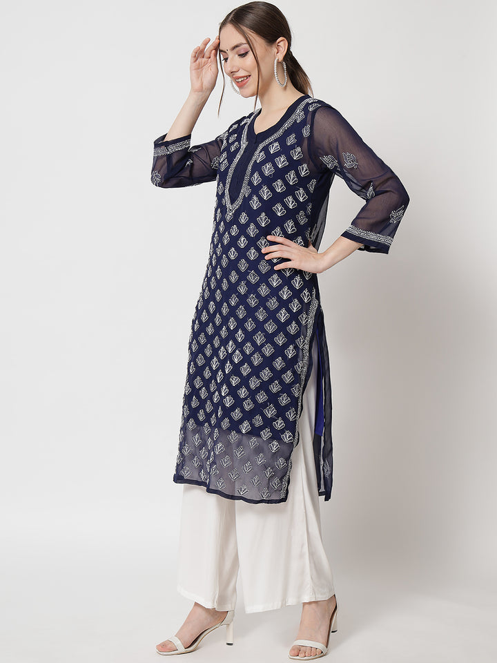 Hand Embroidered Chikankari Georgette Straight Kurta With Matching Slip- PC3484