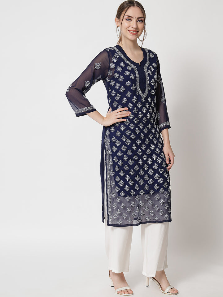 Hand Embroidered Chikankari Georgette Straight Kurta With Matching Slip- PC3484