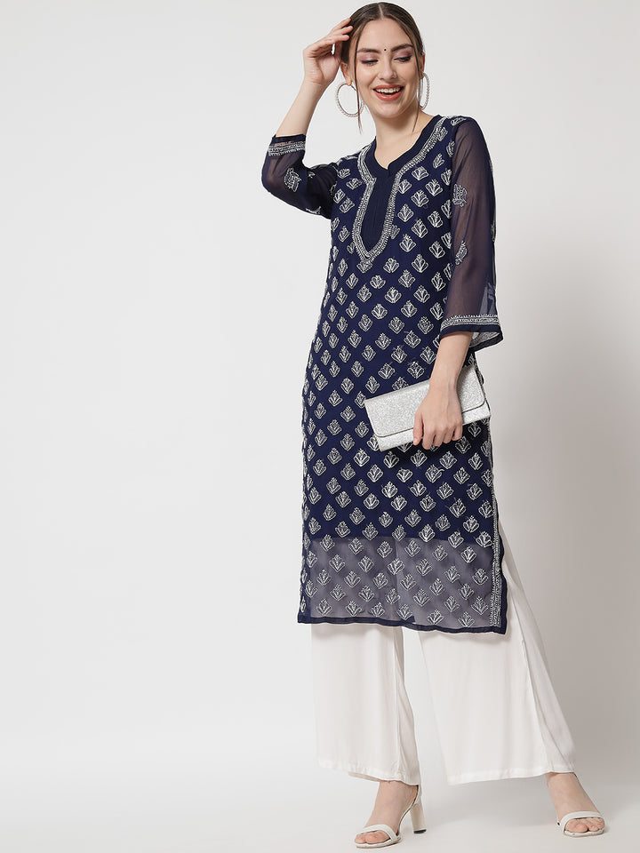 Hand Embroidered Chikankari Georgette Straight Kurta With Matching Slip- PC3484