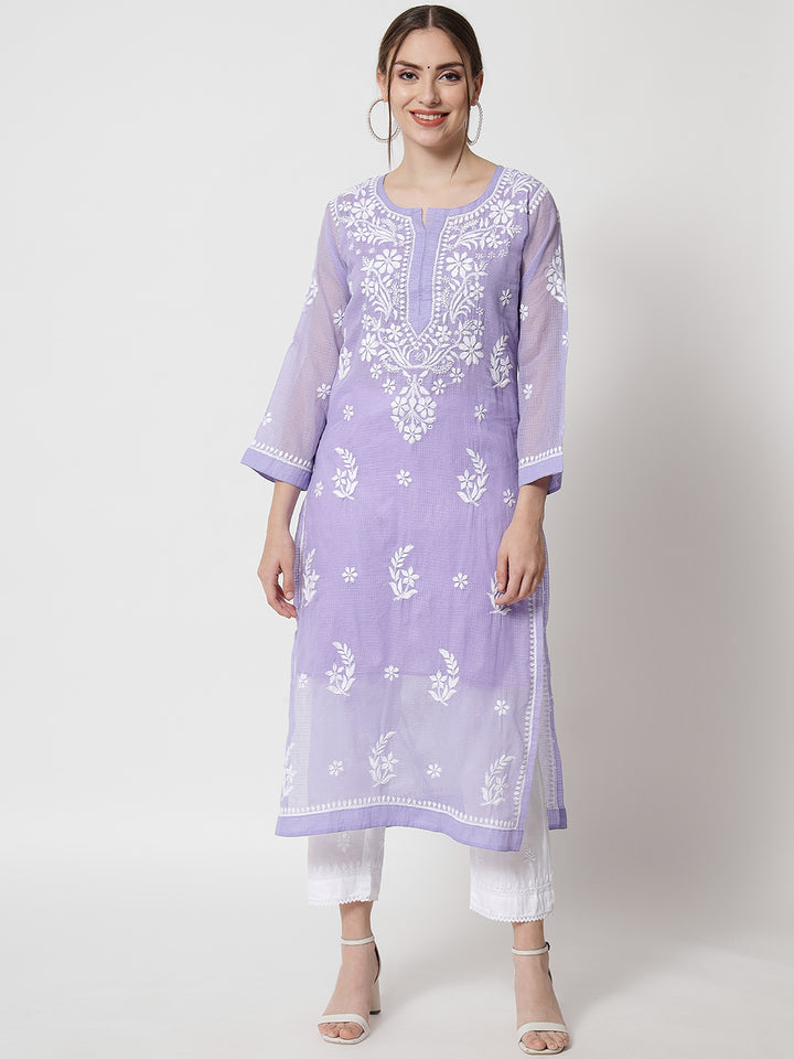 Hand Embroidered Chikankari Kota Cotton Straight Kurta with matching Slip- PC3537