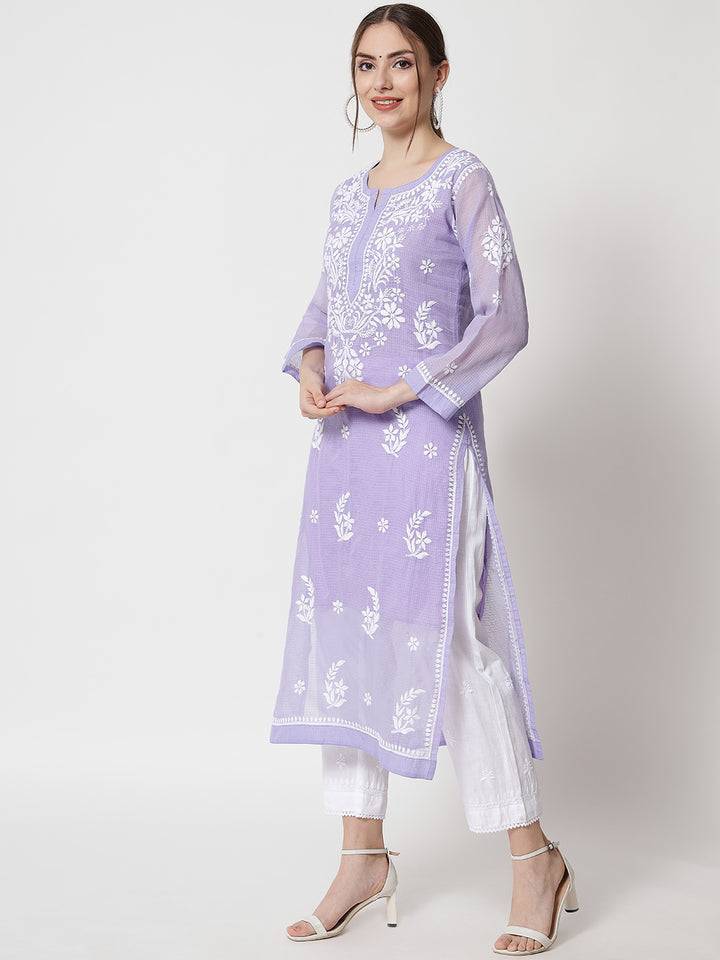 Hand Embroidered Chikankari Kota Cotton Straight Kurta with matching Slip- PC3537