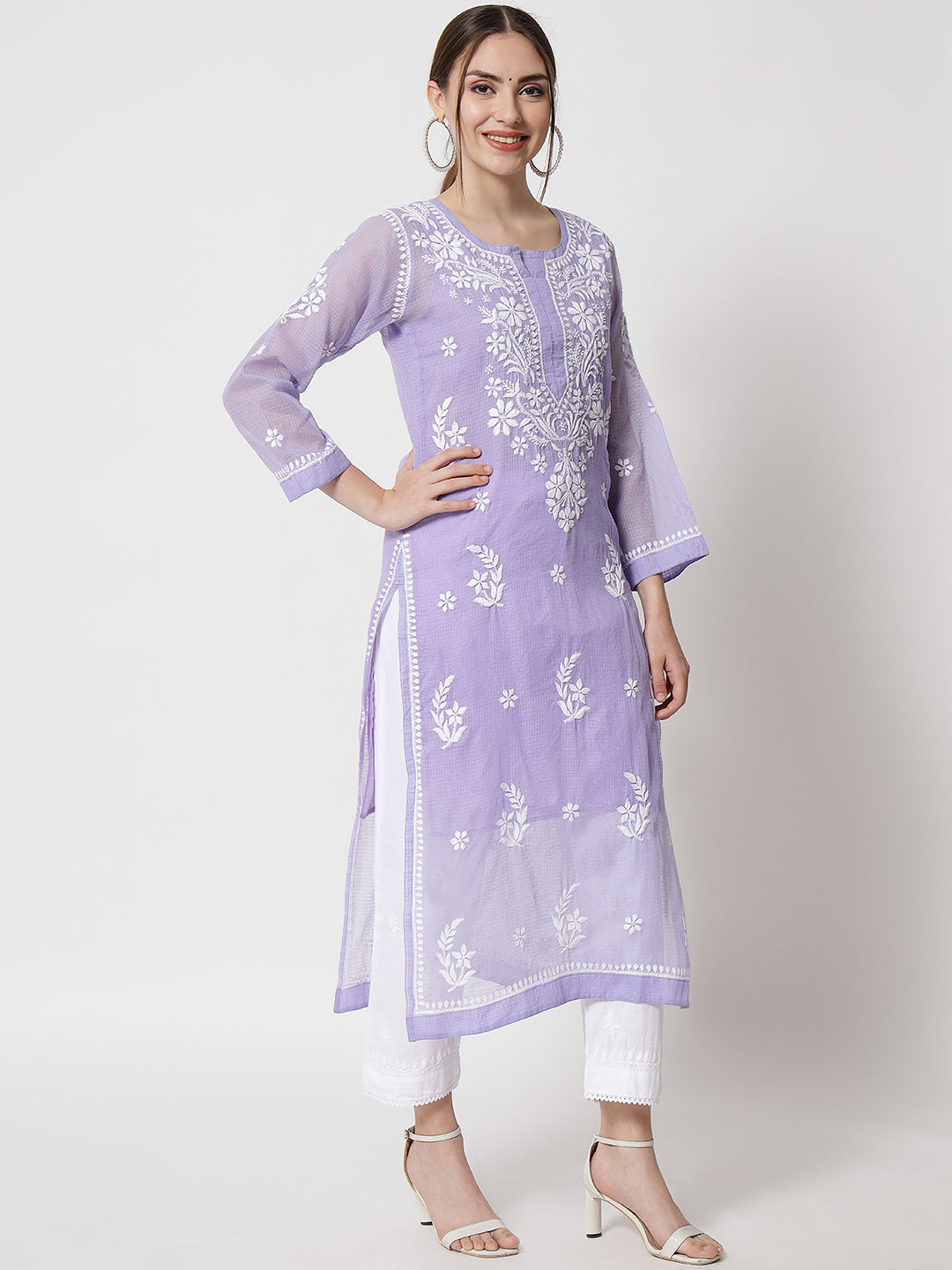 Hand Embroidered Chikankari Kota Cotton Straight Kurta with matching Slip- PC3537