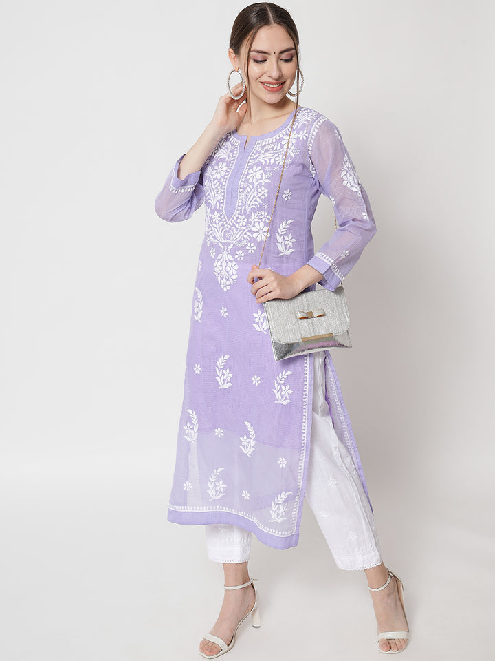 Hand Embroidered Chikankari Kota Cotton Straight Kurta with matching Slip- PC3537