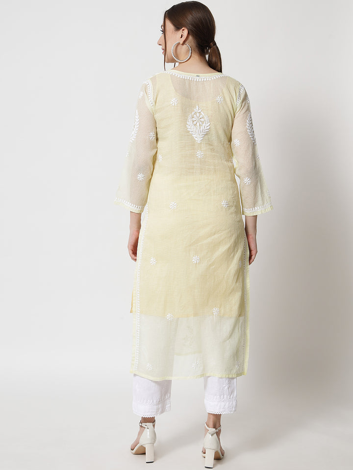 Hand Embroidered Chikankari Kota Cotton Straight Kurta with matching Slip- PC3537