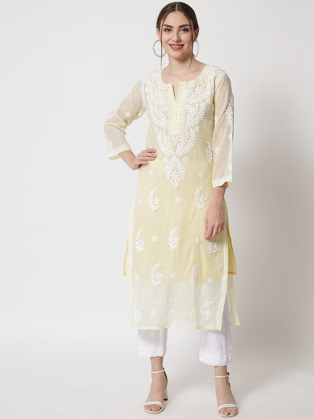 Hand Embroidered Chikankari Kota Cotton Straight Kurta with matching Slip- PC3537