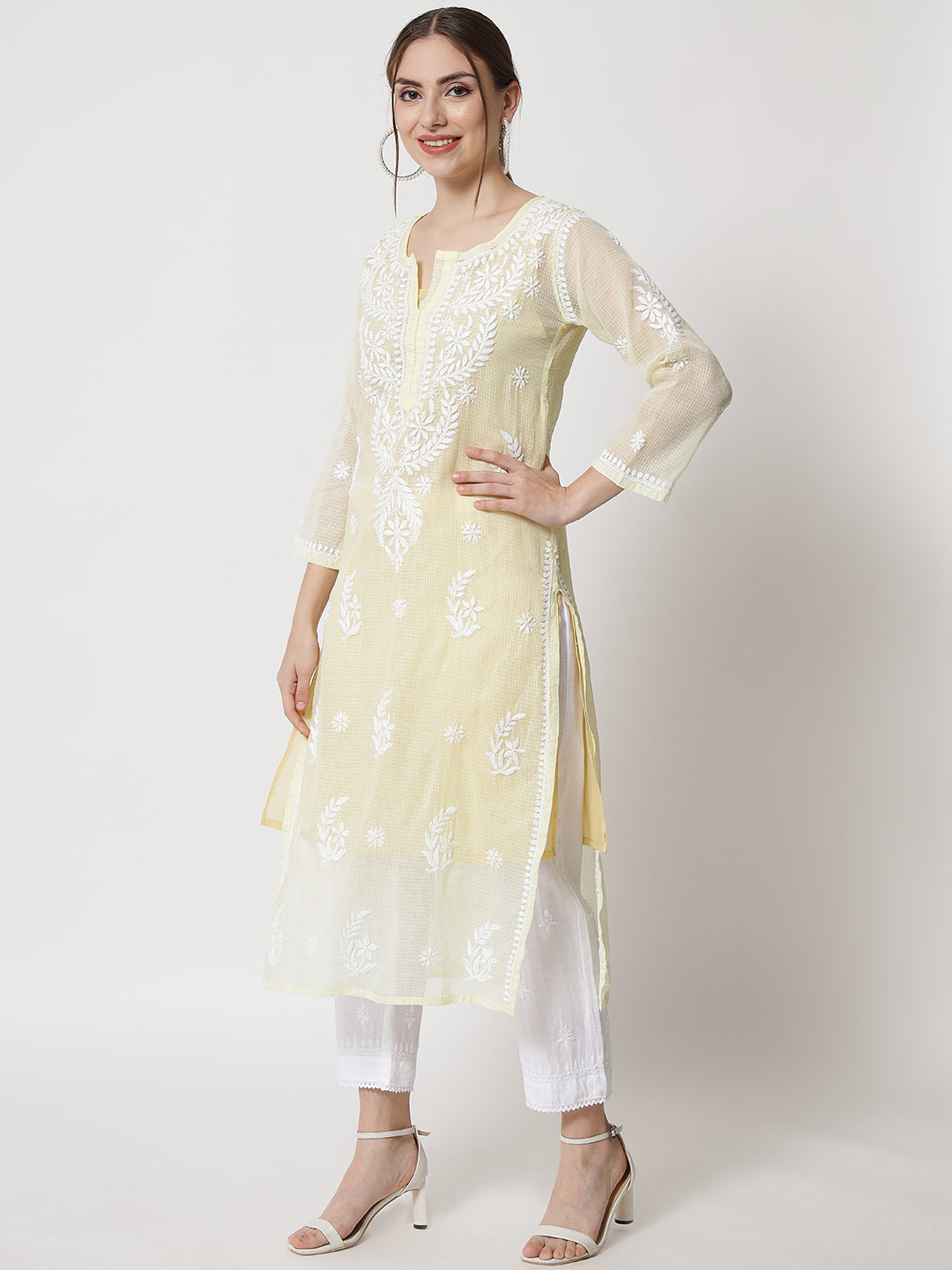 Hand Embroidered Chikankari Kota Cotton Straight Kurta with matching Slip- PC3537