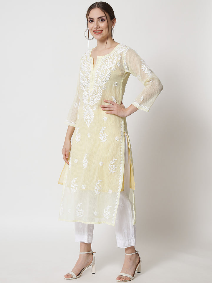 Hand Embroidered Chikankari Kota Cotton Straight Kurta with matching Slip- PC3537