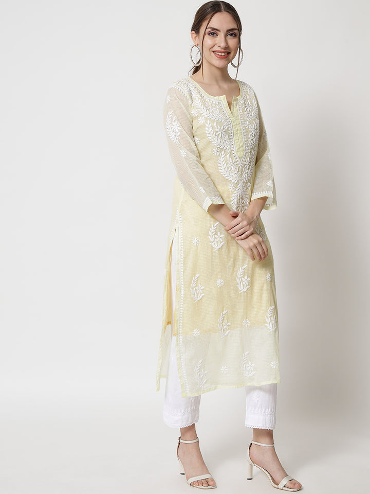 Hand Embroidered Chikankari Kota Cotton Straight Kurta with matching Slip- PC3537