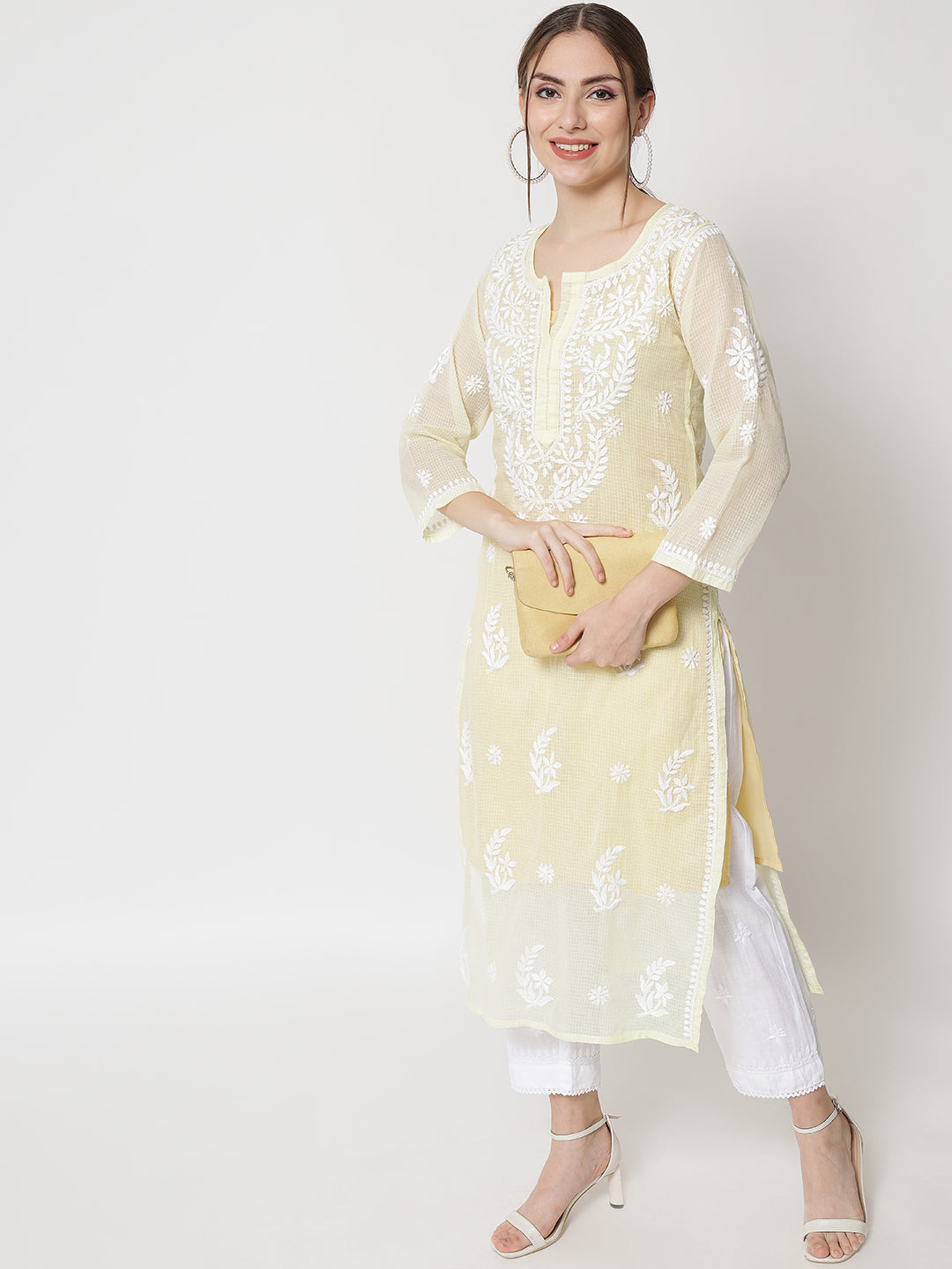 Hand Embroidered Chikankari Kota Cotton Straight Kurta with matching Slip- PC3537