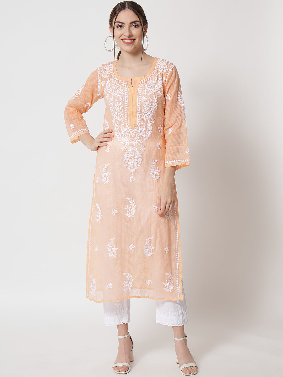 Hand Embroidered Chikankari Kota Cotton Straight Kurta with matching Slip- PC3537