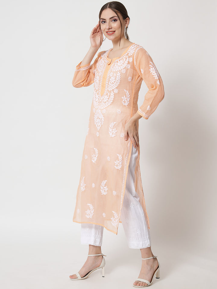 Hand Embroidered Chikankari Kota Cotton Straight Kurta with matching Slip- PC3537