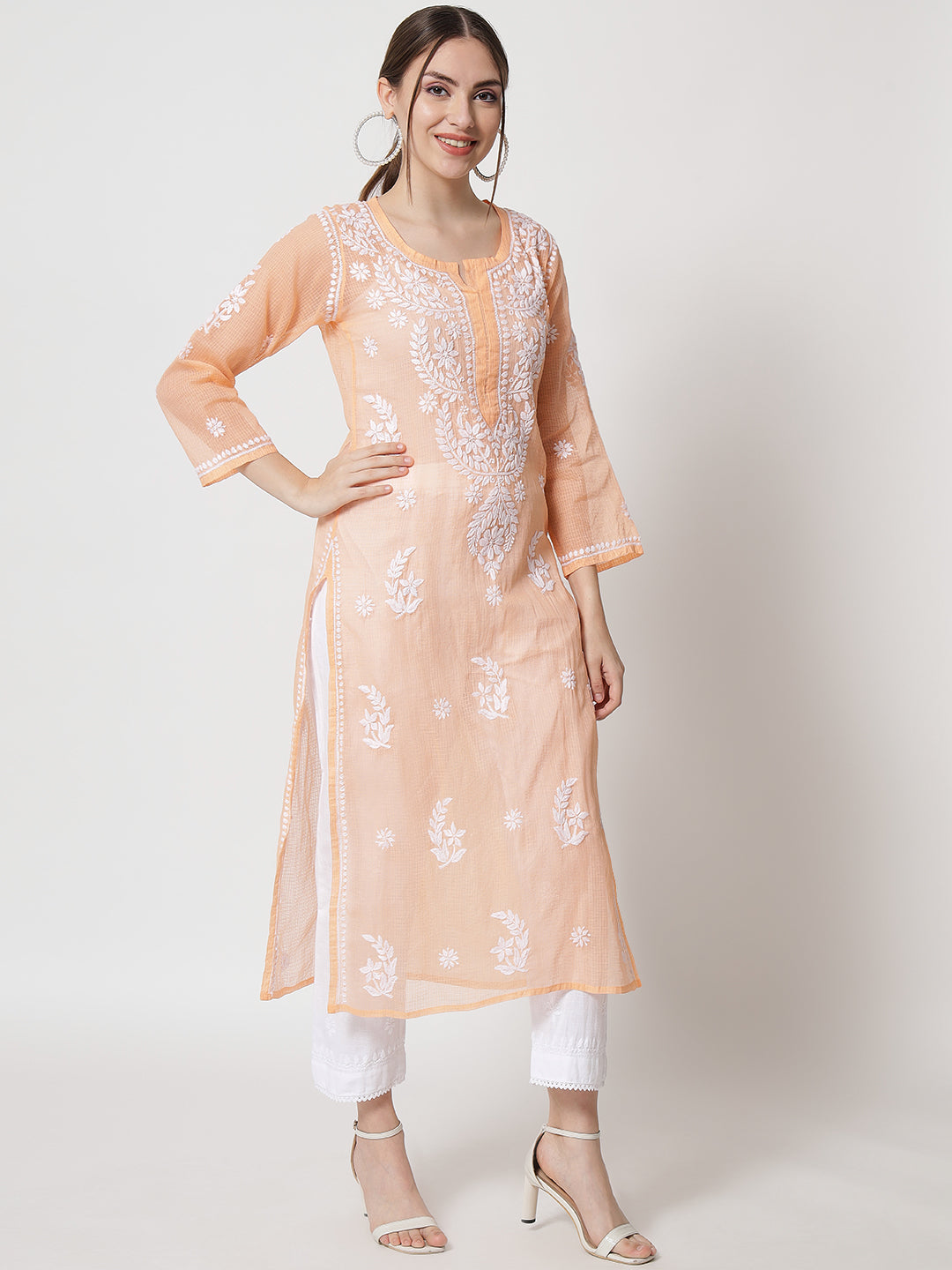 Hand Embroidered Chikankari Kota Cotton Straight Kurta with matching Slip- PC3537