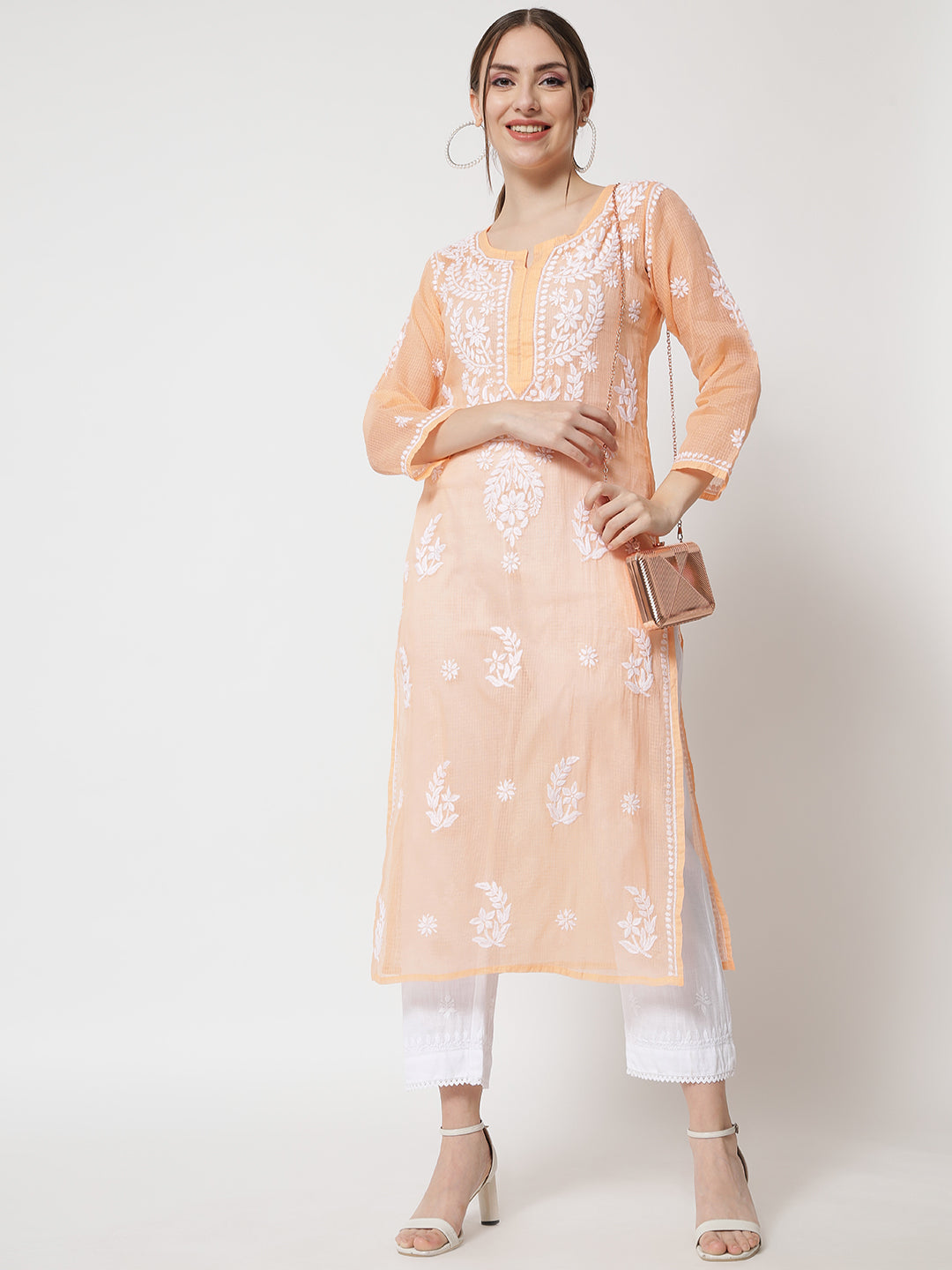 Hand Embroidered Chikankari Kota Cotton Straight Kurta with matching Slip- PC3537