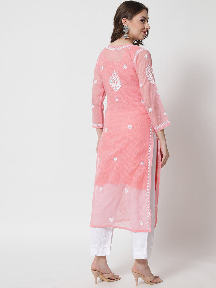 Hand Embroidered Chikankari Kota Cotton Straight Kurta with matching Slip- PC3537