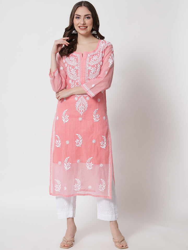 Hand Embroidered Chikankari Kota Cotton Straight Kurta with matching Slip- PC3537