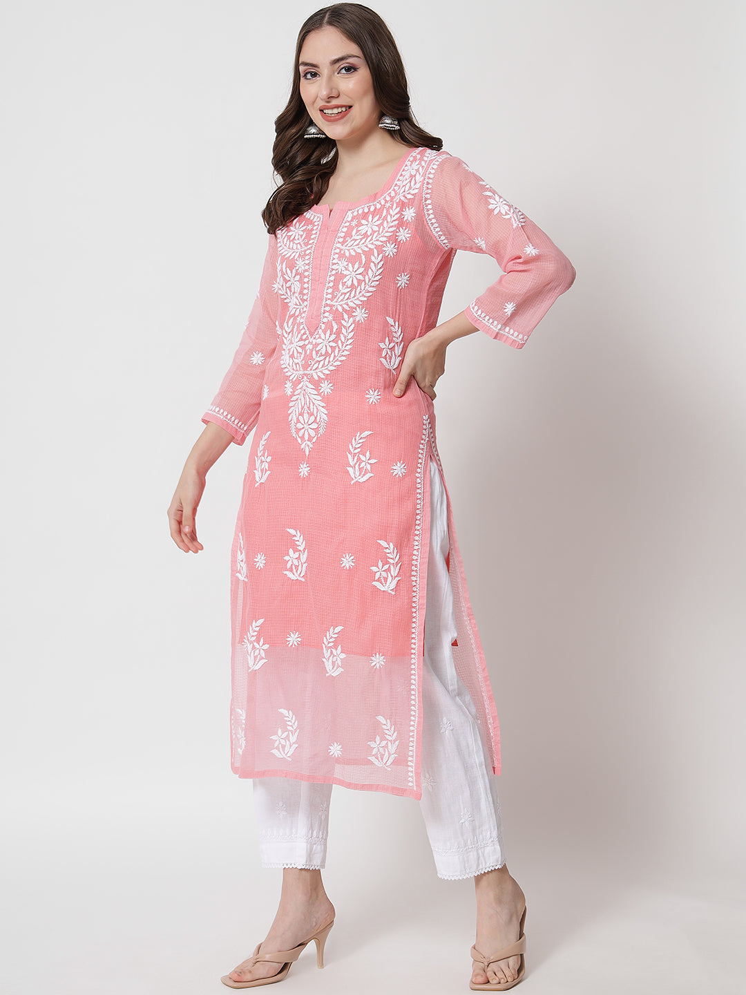 Hand Embroidered Chikankari Kota Cotton Straight Kurta with matching Slip- PC3537