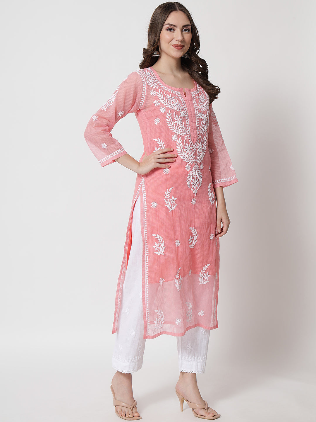 Hand Embroidered Chikankari Kota Cotton Straight Kurta with matching Slip- PC3537