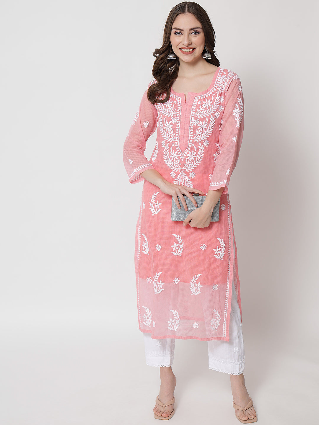 Hand Embroidered Chikankari Kota Cotton Straight Kurta with matching Slip- PC3537