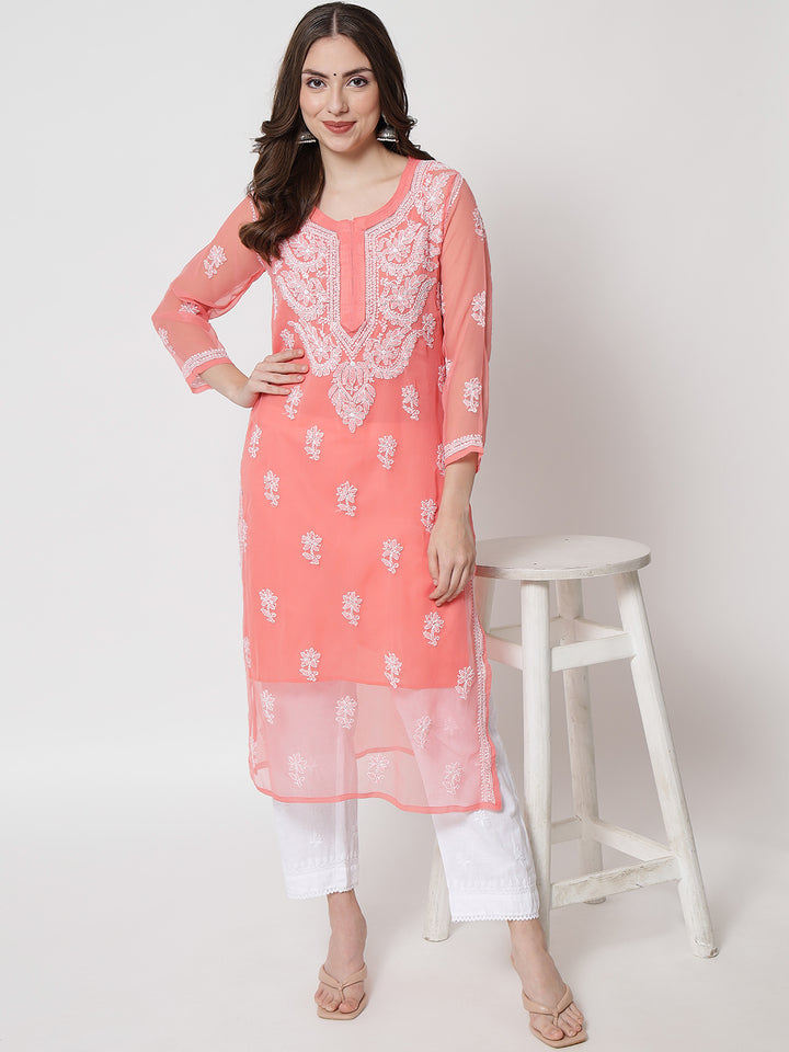 Hand Embroidered Chikankari Georgette straight Kurta with matching slip- PC3487