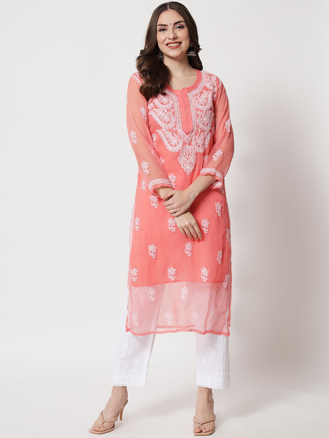 Hand Embroidered Chikankari Georgette straight Kurta with matching slip- PC3487