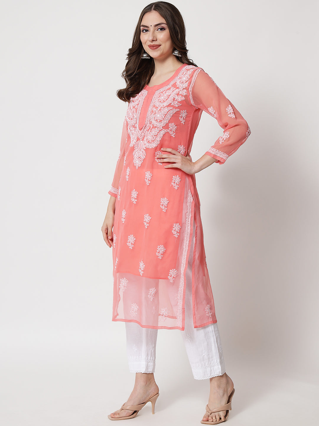 Hand Embroidered Chikankari Georgette straight Kurta with matching slip- PC3487