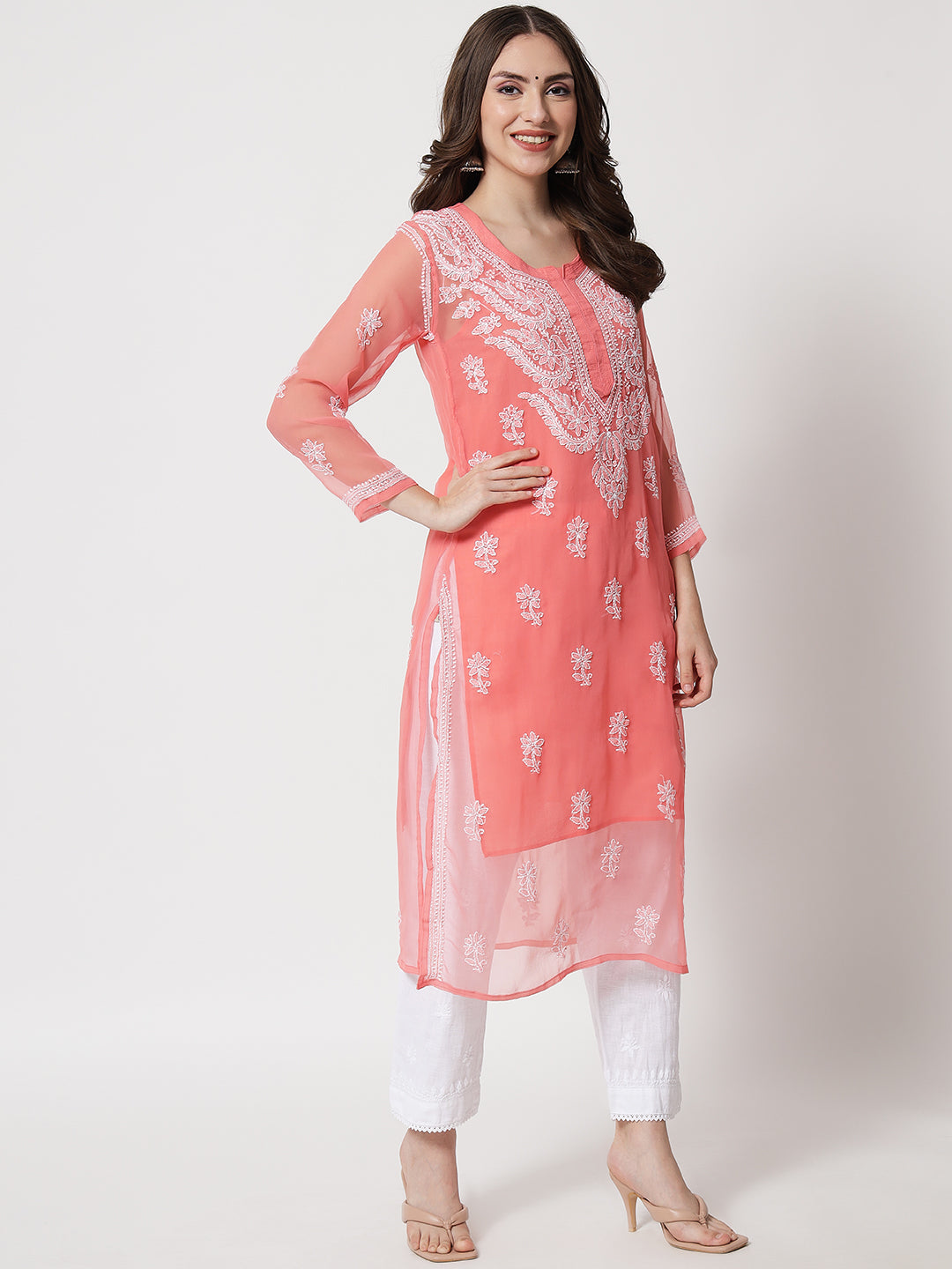 Hand Embroidered Chikankari Georgette straight Kurta with matching slip- PC3487