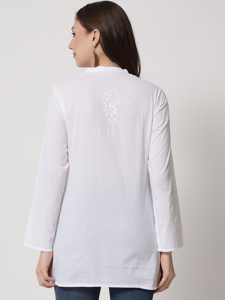 White Hand Embroidered V-Neck Chikankari Pure Cotton Chikankari Kurti-PC3328