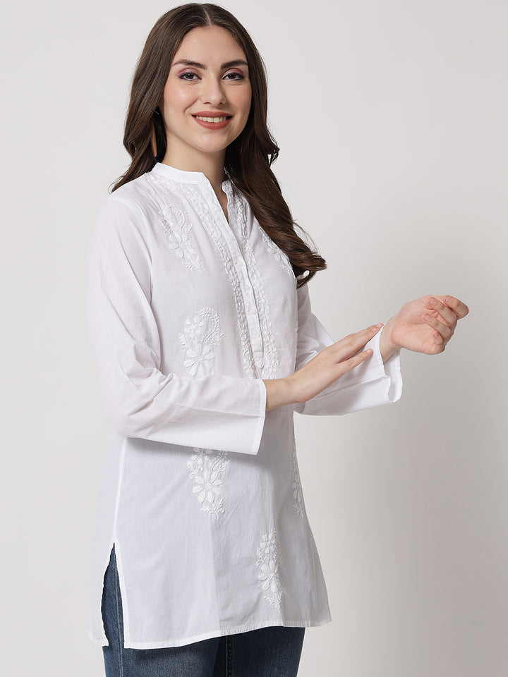 White Hand Embroidered V-Neck Chikankari Pure Cotton Chikankari Kurti-PC3328