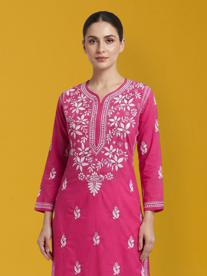 Hand Embroidered Chikankari Cotton Straight Kurta- PC3372 Hotpink
